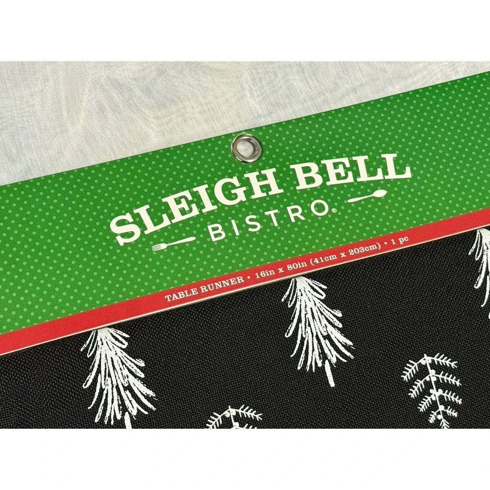 Sleigh Bell Bistro Christmas Table Runner Black White Trees‎ Gold 16
